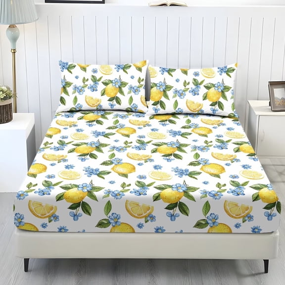 chaqlin 3 Piece Lemon Pattern Bedding Cover 3 Piece Bed Sheet Cover Soft Easy Care Bed Sheet Set with 9.8 Inch Deep Pockets Comfy Fitted Sheets Pillow Case for Adult Kids,Twin