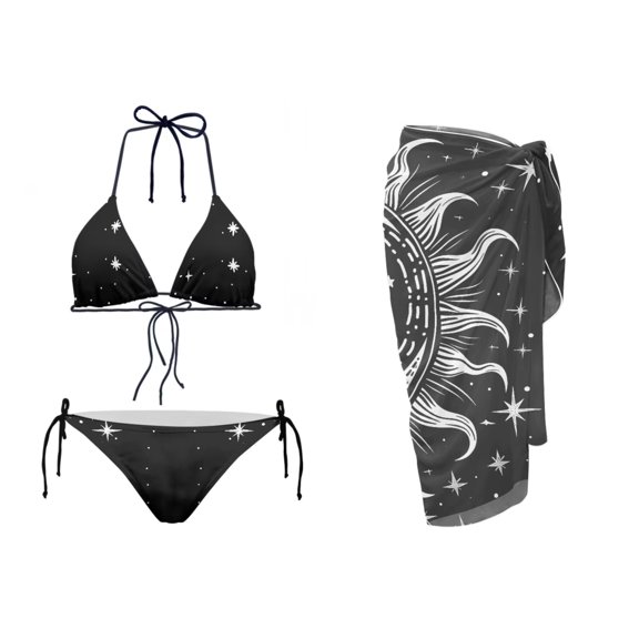 chaqlin 3 Pieces Moon Star Print Women’s Bikini Set Artistic Triangle Tie Bikini Top Bottom with Long Pareo Beach Wrap Skirt for Women Summer Beachwear,XS-2XL