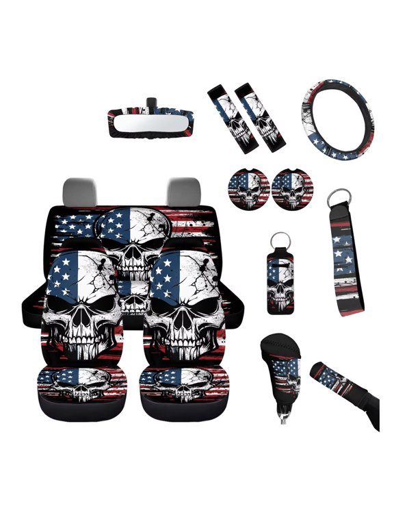 American Flag Car Seat Covers Funny Skull Print Auto Steering Wheel Cover Protector Coaster Keychain Shoulder Seatbelt Pad Comfy Handbreak Gear Shift Accessories