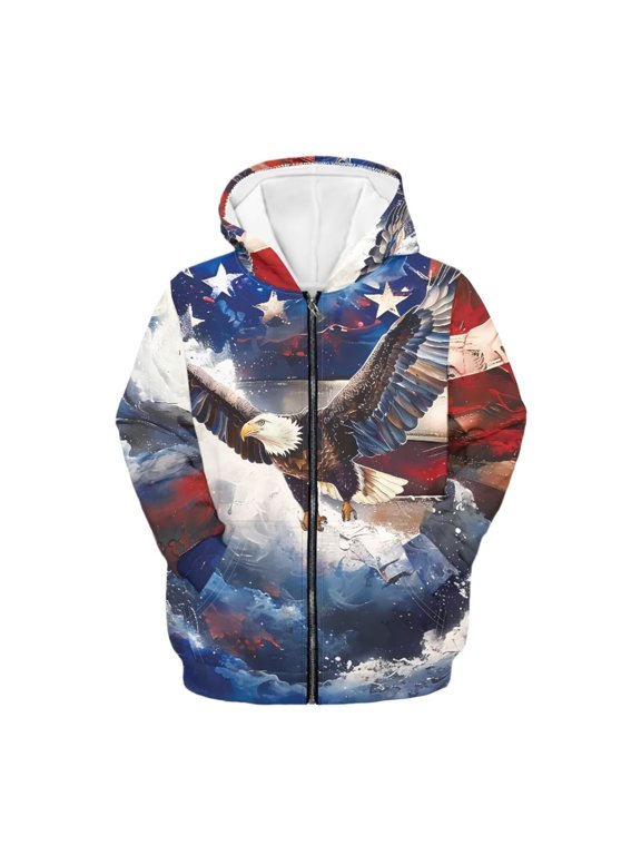 American Flag Eagle Hoodies for Boys 14-16 Casual Full-Zip Sweatshirts Kids Long Sleeve Sports Jackets Casual Outerwear with Kangaroo Pocket