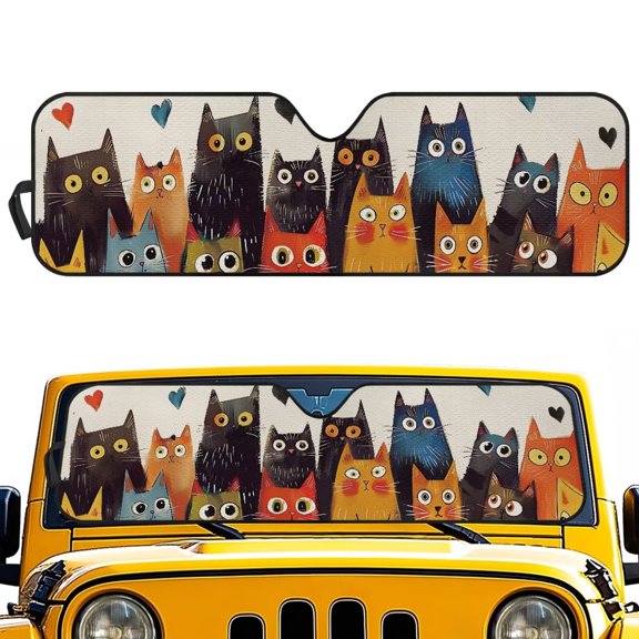chaqlin Artistic Cartoon Cat Windshield Sun Shade for Wrangler JK JKU JL JLU1997-2024,Window Sun Visor for UV Rays & Heat Protection,Car Heat Cover Windshield Sunshade,1pc
