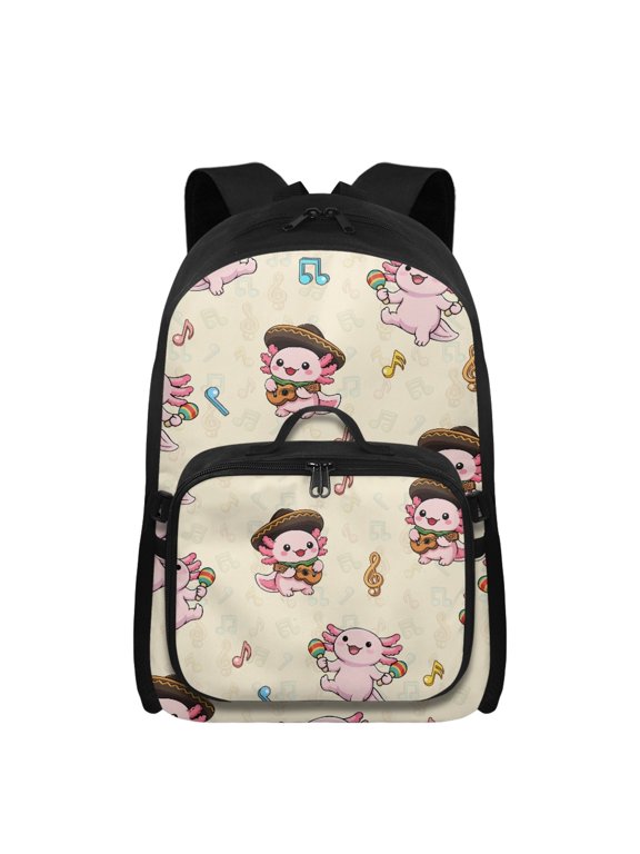 Axolotl Girls School Backpack with Lunch Box Ages 5-9 17 Inch Lightweight Knapsack with Side Pockets Cooler Lunch Bags for Camping Elementary School Bags 2 in 1