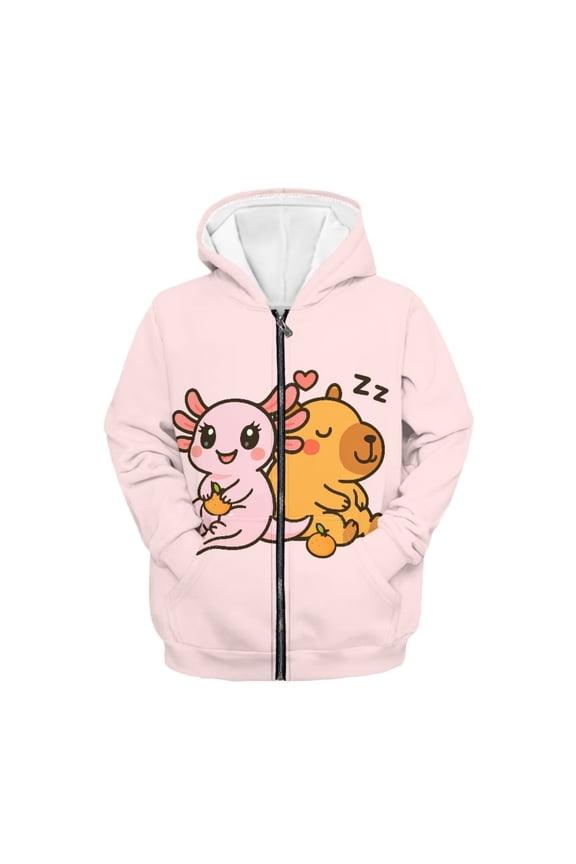 Axolotl Hoodies for Girls 6-7 Cute Capybara Zip Up Hoodie Sweatshirt Casual Long Sleeve Hooded Jackets Kids Full Zip Sport Coat with Kangaroo Pocket Fall/Winter Fashion Clothing