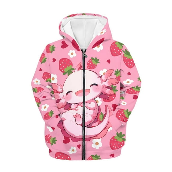 chaqlin Axolotl Hoodies for Girls 6-7 Trendy Zip Up Sweatshirt Jacket Strawberry Long Sleeve Hoodie Coat Casual Outerwear with Pocket Fall Winter Clothes