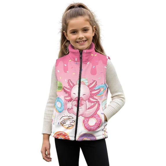 chaqlin Axolotl Vest for Girls 7-8 Cute Full Zip Vest Jackets Donut Print Sleeveless Fleece Outerwear with Pockets Exercising Hiking Outfits