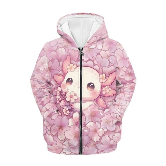 chaqlin Axolotl Zip up Hoodies for Teen Girls Y2K Long Sleeve Sweatshirts Jacket Cherry Blossom Full-Zip Hooded Coat Kids Sweater Top with Pockets
