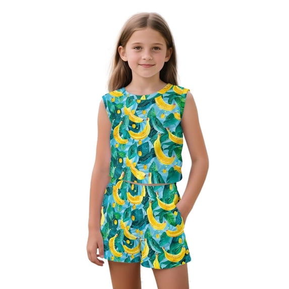 chaqlin Banana Leaf Girls Sleeveless T Shirt and Shorts Set 2 Piece Workout Outfits Toddler to Big Kid 5-14 Years Old