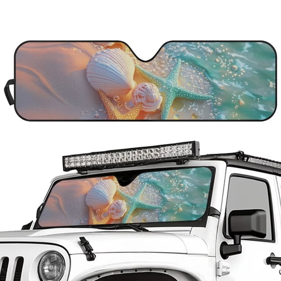 chaqlin Beach Shell Starfish Windshield Sun Shade for Wrangler JL JLU & Gladiator, Funny Driving Front Window Sun Visor Blocks UV Rays Sunshade Heat Shield Accordion Foldable,1pc