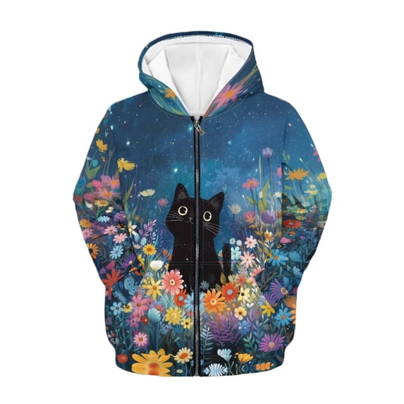 chaqlin Black Cat Hoodies for Girls Trendy Y2K Zip Up Hoodie Sweatshirts Flower Long Sleeve Sport Jacket Lightweight Loose Fit Hooded Coat with Pocket