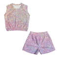 thumbnail image 1 of chaqlin Bling Bling Rainbow Girls 2 Pieces Summmer Outfits Crew Neck Sleeveless T Shirt Biker Shorts with Pockets Lightweight Sport Workout Clothes Aged 5-14, 1 of 7