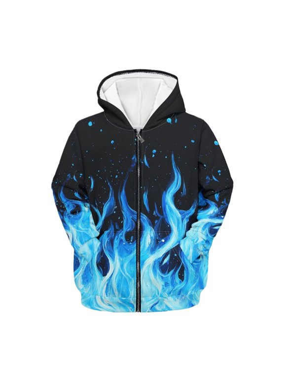 Blue Fire Flame Hoodies for Boys Girls Size 11-13 Full Zip Hoodie Sweatshirt Casual Long Sleeve Jacket Kids School Coat with Pocket