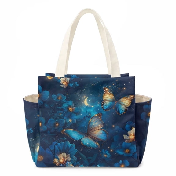chaqlin Blue Flower Butterfly Lunch Box for Women Insulated Lunch Bag Meal Prep Bag Adult Reusable Tote Bag Portable Lunchbox for Picnic Camping Office Travel