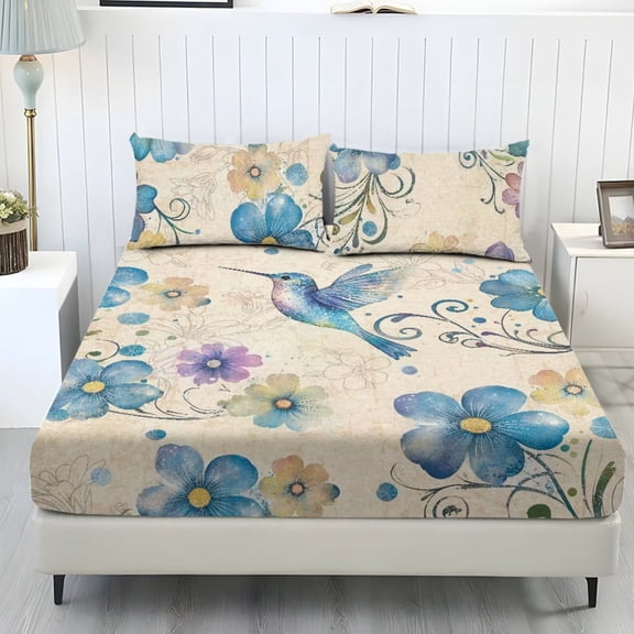 chaqlin Blue Hummingbird Floral Sheet & Pillowcases Set Twin Size for All-Season Use 3-Piece Bedding Sheets with 9.8" Standard Pocket Non Fading Bed Fitted Sheets