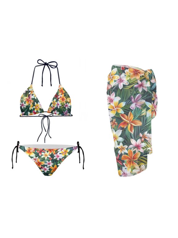 Blue Palm Tree Print Bikini Sets for Women Triangle Bikini Halter Tie Swimwear with Long Sarong Coverups Women Sexy High Cut Bathing Suit for Summer Beach