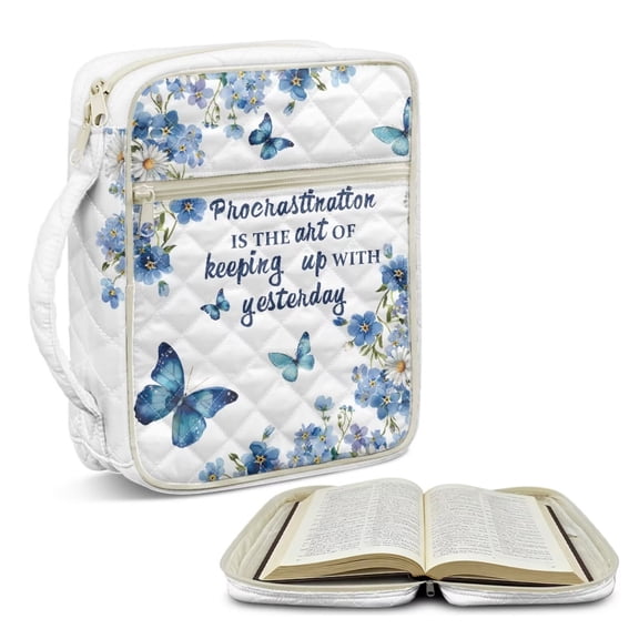 chaqlin Blue Wildflower Portable Bible Case, Butterfly Quilted Polyester Bible Covers for Women with Inner Pockets to Protect Scripture Books, Christian Gifts for Women & Men