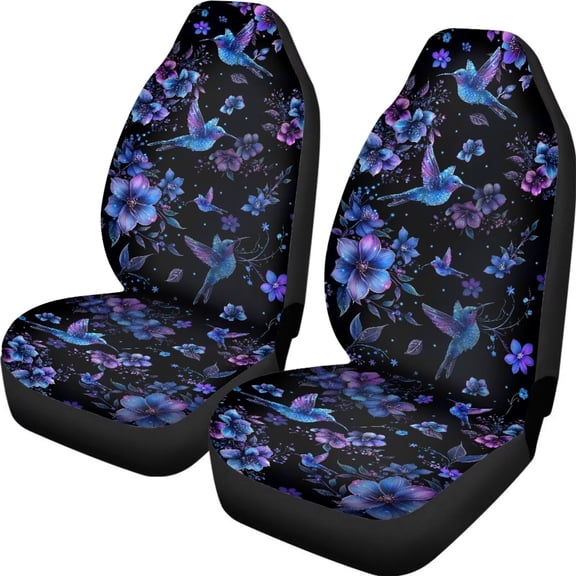 chaqlin Blue-purple Hummingbird Flowers Pattern Auto Seat Covers Front Seats 2 Piece Soft Stretchy Fabric Seat Bench Covers Universal Car Interior Protection Set