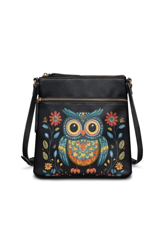 Boho Owl Flower Crossbody Bag Women's Leather Handbag for Work Large Shoulder Bag with Multiple Pockets Portable Satchel Purses for Travel Work Shopping