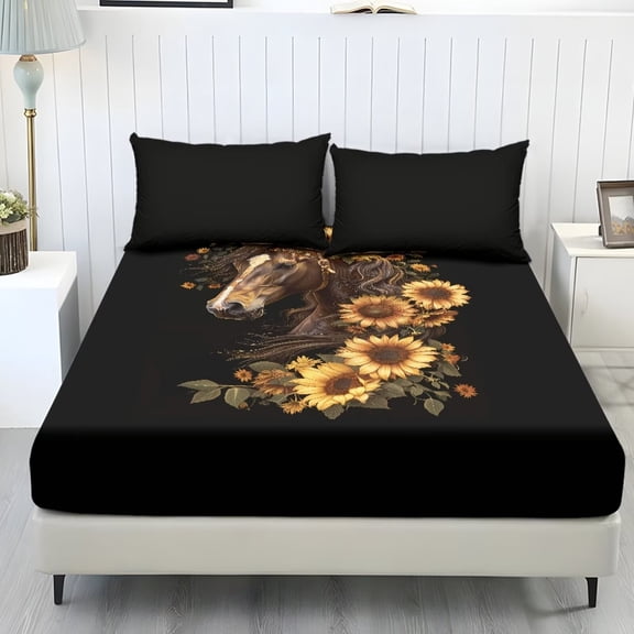 chaqlin Brown Horse Sunflower Sheet Cover 3 Piece Deep Pocket 8Inch Breathable Comfort Bed Sheet and 2 Pillowcase,Twin