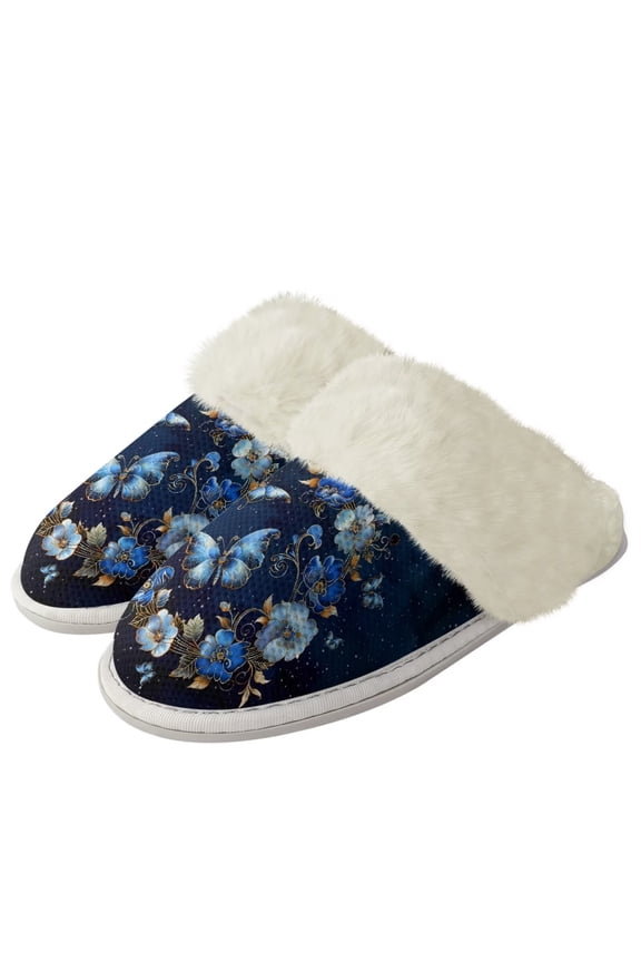 Butterfly Fuzzy Slippers for Women Indoor Warm Slip On Slippers Flower Print Winter Plush House Shoes Cozy Indoor Outdoor Slippers Size 9