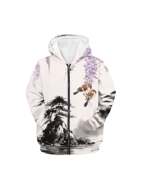 Japanese Art Hoodies for Boys Girls Size 8-10 Trendy Y2K Full-Zip Hooded Sweatshirt Kids Long Sleeve Hoodie Coat Casual Athletic Jacket with Pockets