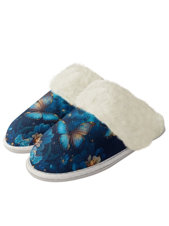 Butterfly Warm House Slippers for Women Outdoor Fluffy Soft Slip On House Slippers Flower Print Plush Bedroom Shoes