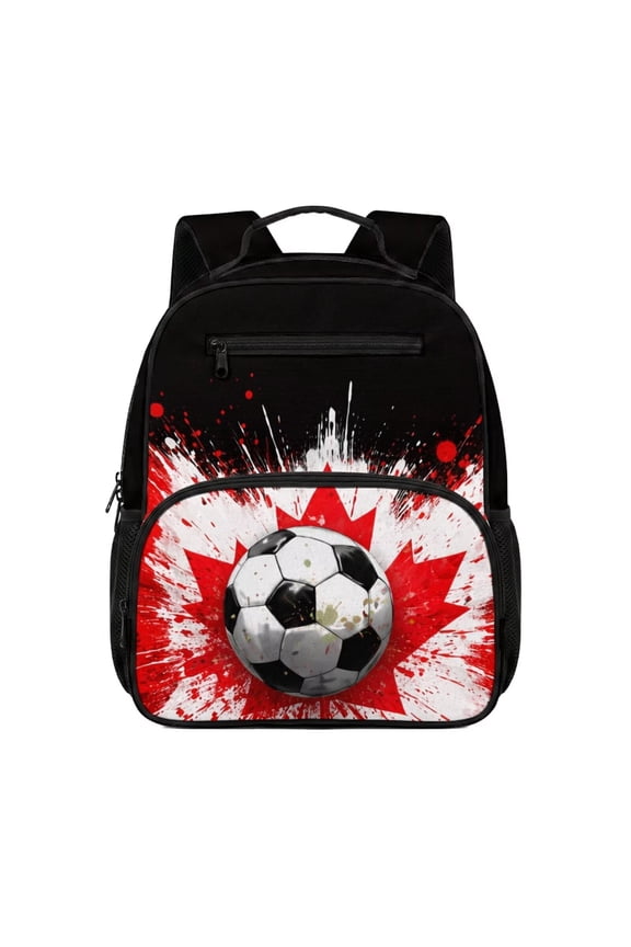 Canada Flag Soccer Print Schoolbag for Boys 13.5 Inch Backpack Shoulder Bookbags with Front Zipper Waterproof Shoulder Backpacks Daycare Bags