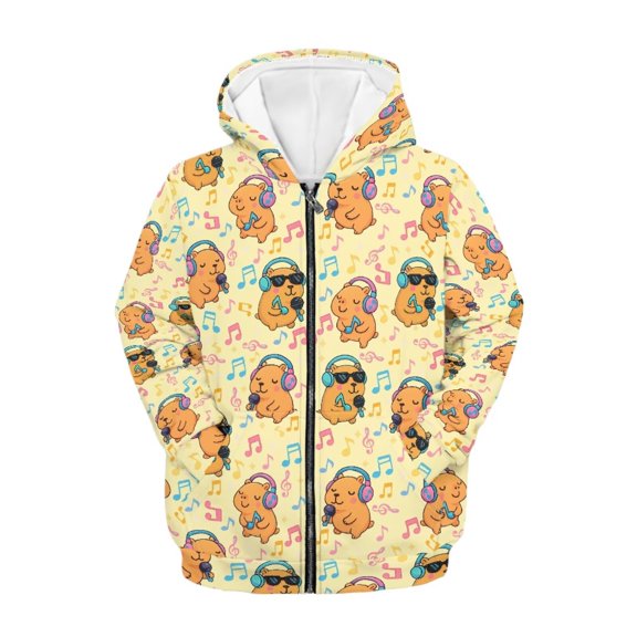 chaqlin Capybara Hoodies for Girls 6-7 Cute Long Sleeve Hooded Jacket Music Notes Full-Zip Hooded Sweatshirt Causal Sports Jackets with Pocket