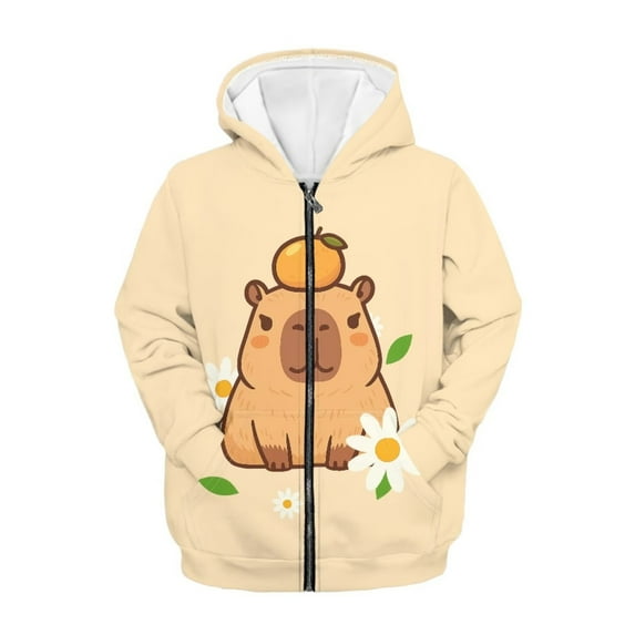 chaqlin Cartoon Capybara Hoodies for Girls 6-7 Trendy Full-Zip Sweatshirts Kids Long Sleeve Hooded Jacket Fall Winter Fashion Outerwear with Pockets