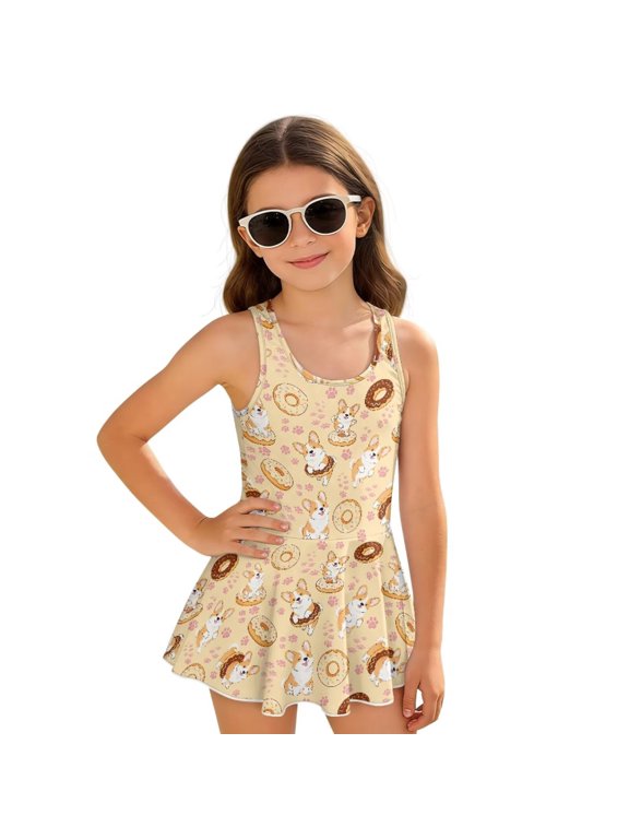 Cartoon Welsh Corgi Dog Donut Girls One-piece Bathing Suit Kids Sleeveless One-piece Athletic Bathing Suit Skirted Swimsuit Beach Pool Party Little Girl Swim Dress 5-6Y