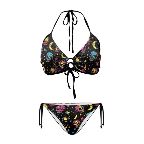 chaqlin Celestial Sugar Skull Halter Neck Bikini Set - Vibrant Two Piece Triangle Swimsuit for Beach & Pool Vacation - Sexy Tie Side Bathing Suit