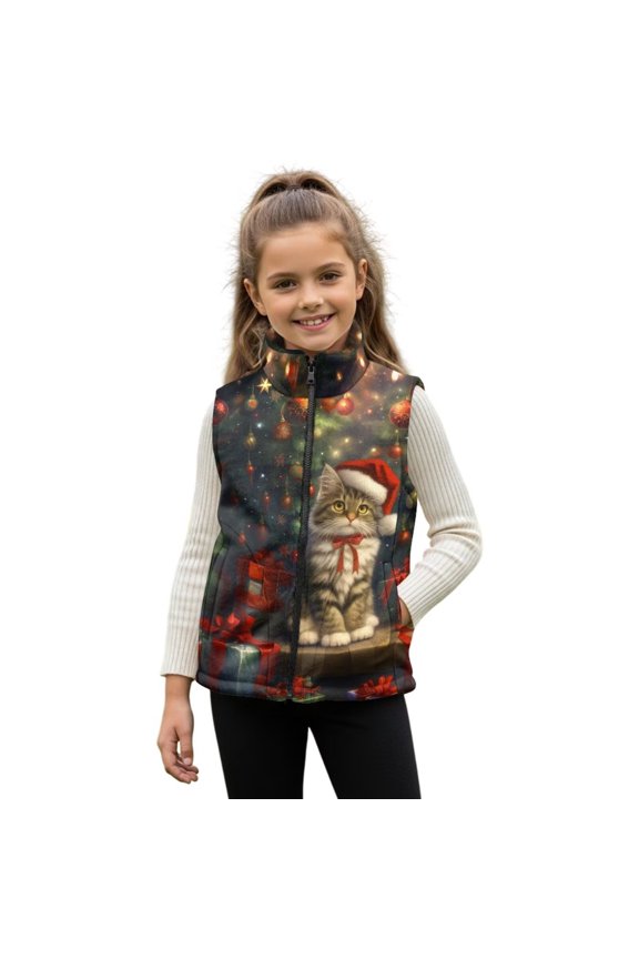 Christmas Cat Vest Jacket for Girls 3-4 Trendy Zip Up Vests Coat Casual Sleeveless Stand Collar Outerwear with Pockets Xmas Clothes