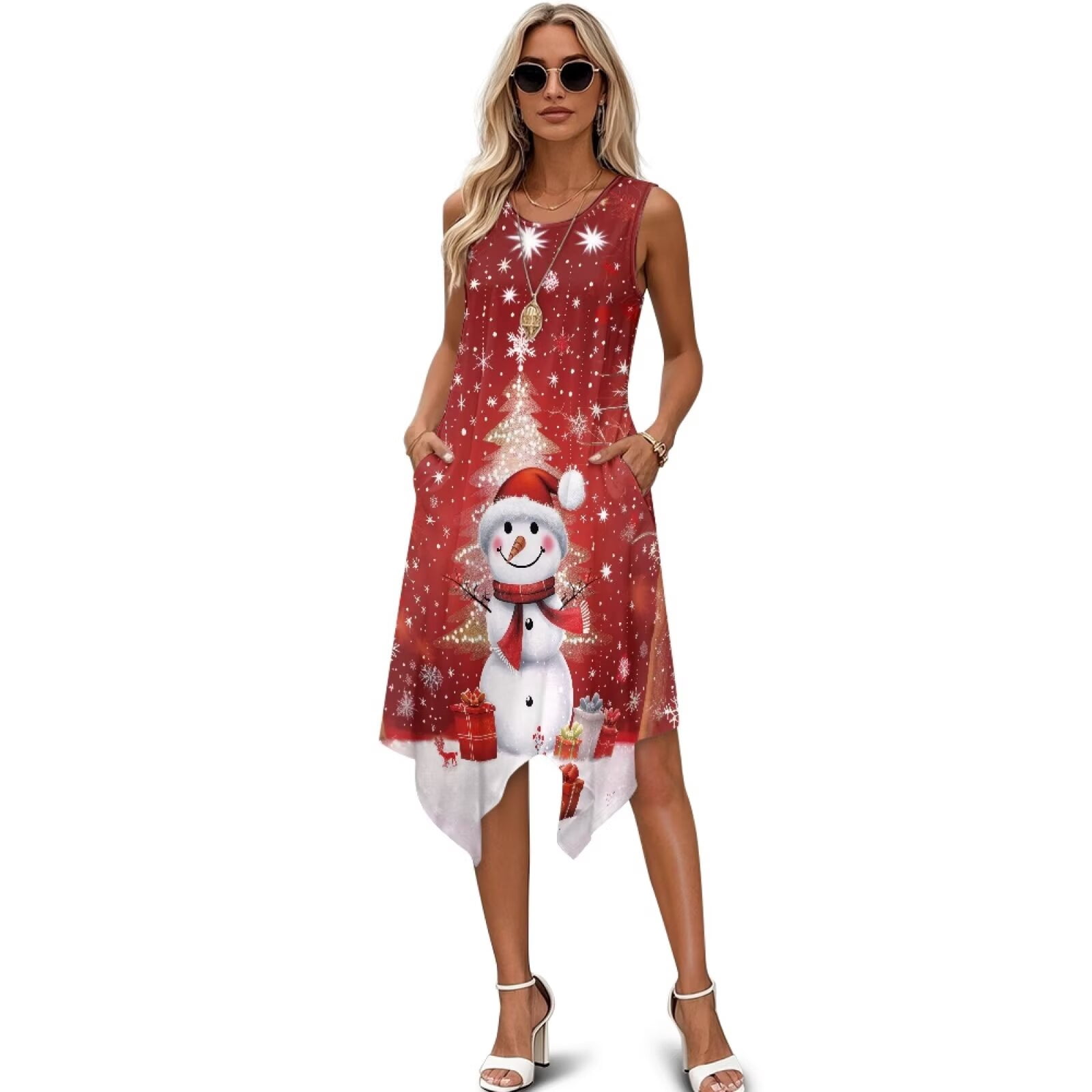 plus size midi christmas dress chaqlin Cocktail Dresses for Women Snowman Sleeveless Casual Crew Neck Tank Dresses Soft Asymmetrical Hem Beach Sundress with Pockets Its soft fabric and