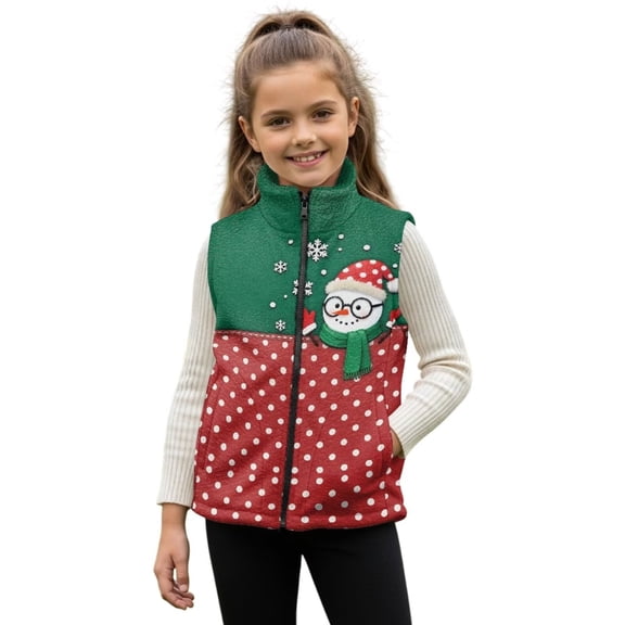 chaqlin Christmas Fleece Vest for Girls 5-6 Snowman Full Zip Sleeveless Outerwear Winter Warm Vest Jackets Casual Running Cycling Gym Tops with Pockets