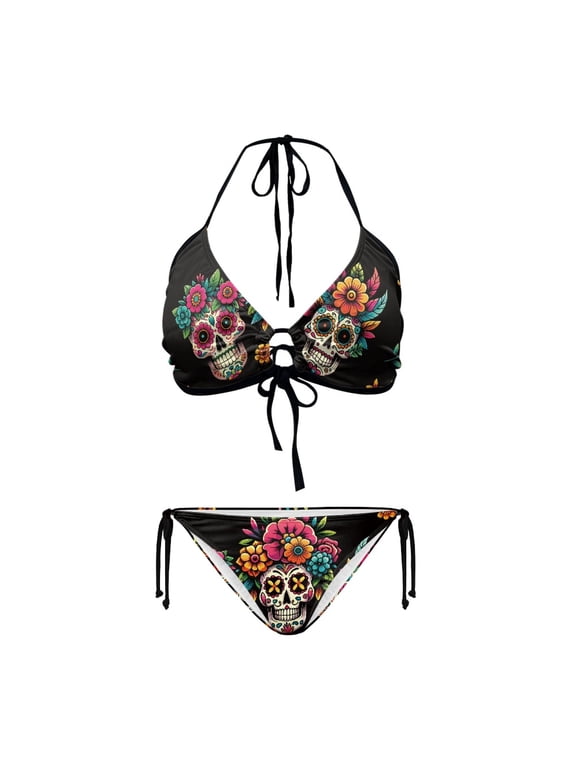 Colorful Floral Sugar Skull Halter Triangle Bikini Set - Sexy Two Piece Tie Side Bathing Suit for Beach Vacations & Pool Parties, XS-2XL