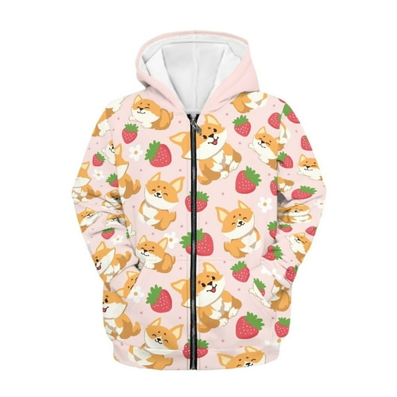 chaqlin Corgi Hoodies for Teen Girls Trendy Y2K Full-Zip Sweatshirt Strawberry Long Sleeve Jacket Kids Hooded Coat Casual Outerwear with Pocket