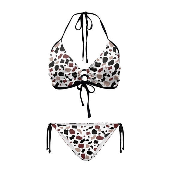 chaqlin Cow Print Halter Triangle Bikini Set - Sexy Two Piece Swimsuit with Tie Side Bottoms for Beach & Pool Vacation