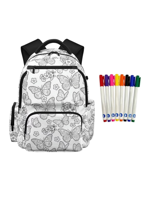 Crafts Coloring School Backpack for Girls DIY Hand Painted Butterfly School Bag Color Your Own Book Bags with 8 Fabric Markers,Graffiti Artistic Creation
