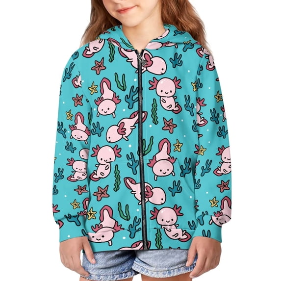 chaqlin Cute Hoodies for Teen Girls Fall Axolotl Full-Zip Hooded Sweatshirt Casual Long Sleeve Sport Coat Kids School Hoodie Jacket with Pocket