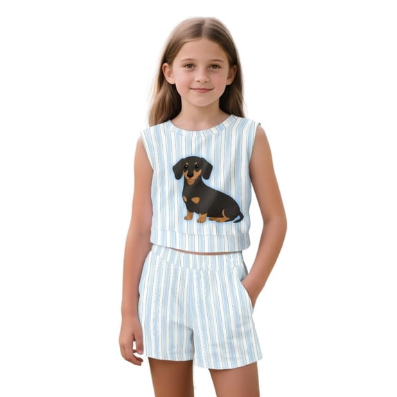 chaqlin Dachshund Stripes Girls 2 Piece Summer Outfits Kids Shorts Set O Neck Tank Tops and Soft Shorts with Pocket Kids Short Set for 5-14Y