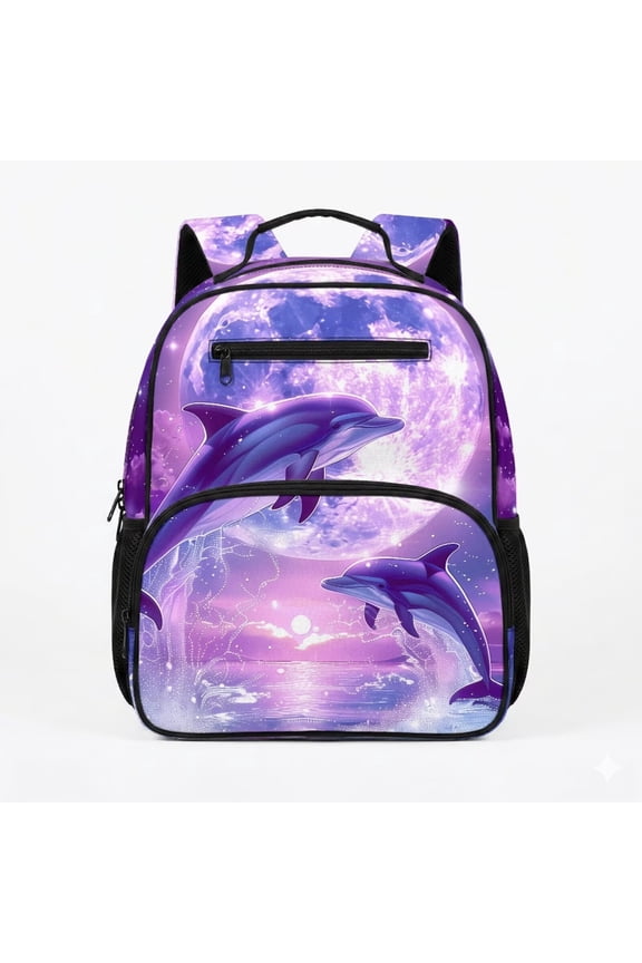 Dolphin Moon Boys Girls Toddler Backpack for Kindergarten Age 4-7, 13.5 Inch Preschool Mini Bag Large Capacity Daypack