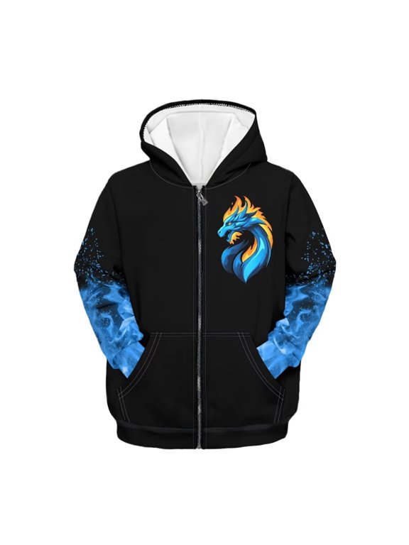 Dragon Hoodies for Boys 6-7 Zip Up Hooded Sweatshirts Blue Fire Flame Long Sleeve Hoodie Jacket Casual Sport Coat with Pockets Fall Winter Clothes