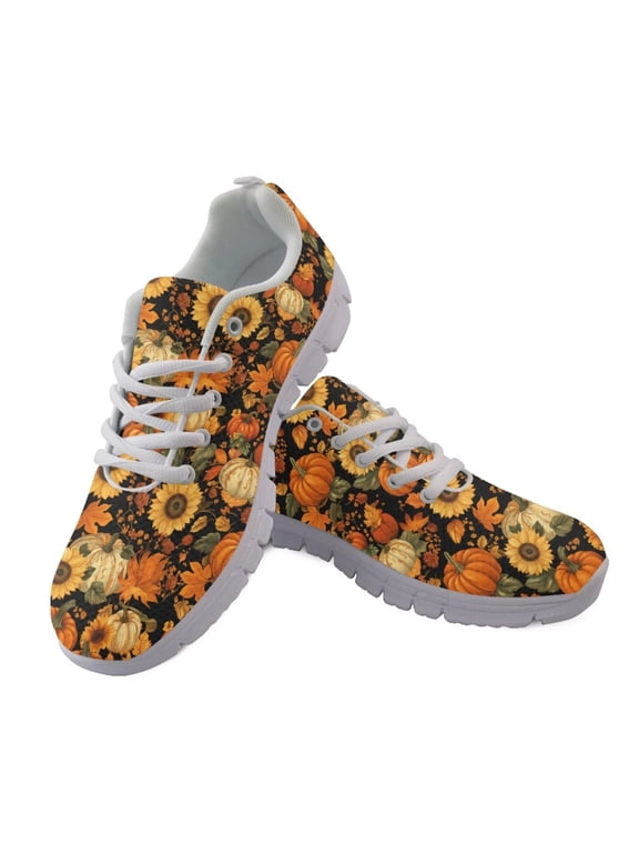 Fall Maple Leaf Walking Shoes Women Slip On Running Sneakers Pumpkin Lace Up Tennis Shoes Comfortable Mesh Work Flat US 13
