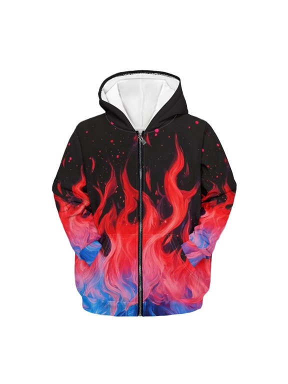 Fire Flame Zip up Hoodies for Boys Girls Casual Full-Zip Hooded Jacket Kids Long Sleeve Hoodis Sweatshirt Lightweight Loose Sport Coat with Pockets