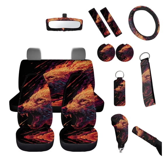 chaqlin Fire Wolf Auto Seat Covers Full Set 14Pcs Universal Fit Front Rear Seat Protectors with Car Steering Wheel Cover Mirror Cover Gear Shift Handbrake Cushion Covers Car Interiors