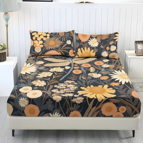 chaqlin Fitted Bed Sheet Twin Size 3Pieces Vintage Dragonfly Daisy Fitted Sheets and 2 Pillowcases Wrinkle Resistant All-Season Bedding Sets Stretchable