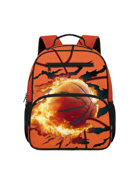 Flame Basketball 13.5 Inch Backpack for Boys Waterproof Kindergarten Bookbag Daycare Bags with Front Zipper Kids Comfortable Travel Ruckpack for 3-7 Years