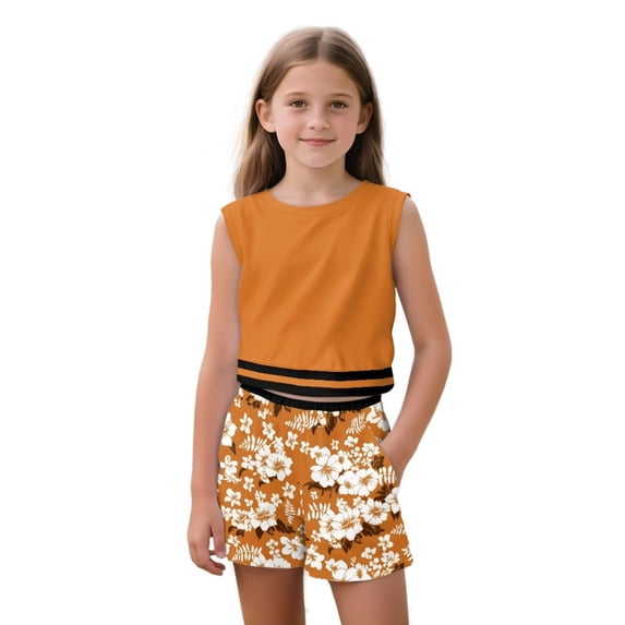 chaqlin Floral-Orange Girls Summer Clothes Two Piece Outfits - Sleeveless Workout Tank Top & Soft Elastic Waist Shorts with Pockets for Running Yoga