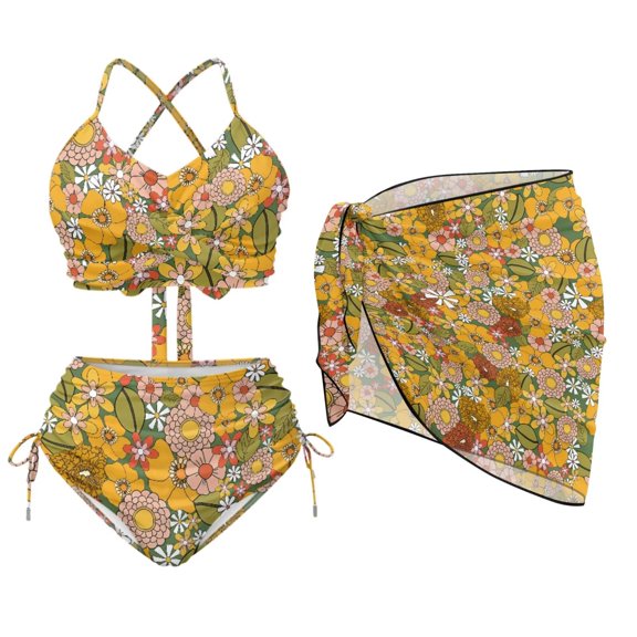 chaqlin Flowers Women's Beachwear 3 Piece Set: High Waisted Bikini + Sheer Chiffon Sarong - Watercolor Style Airy Halter Tie Side Swimsuit Tummy Control