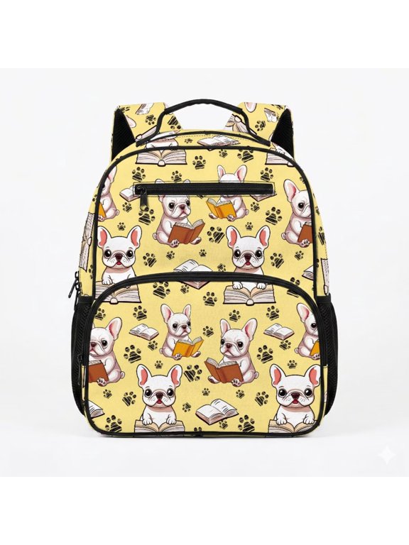 French Bulldog Toddler Backpack for Little Explorer Boy Girl Age 2-6, 13.5 Inch Preschool Kindergarten Bookbag, Lightweight Breathable Daypack with Top Handle
