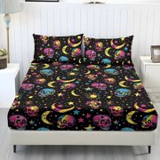 chaqlin Full Size Sheets Set 3Pieces Elastic Printed Bedding Fitted Sheets Rainbow Skull Moon Print Sheet & Pillowcases Set Easy Care Fade Resistant Bed Sheet Sets for Home Decor